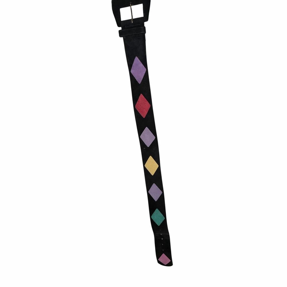 Vintage 80s 90s black colorful diamond suede leather wide statement belt medium